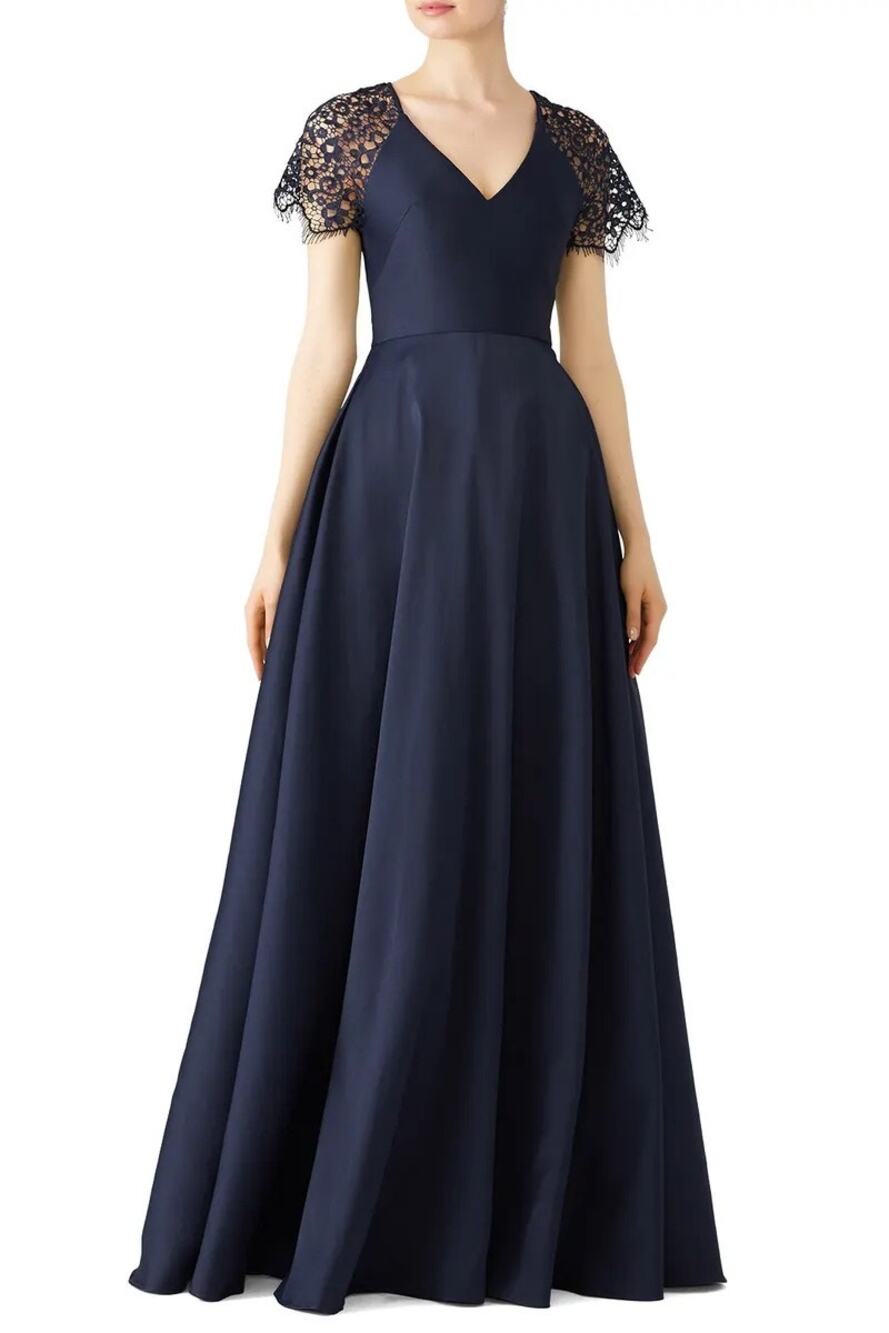 Monique Lhuillier Navy Blue Lace Satin Short Sleeve A-Line V-Neck Ball Gown 4